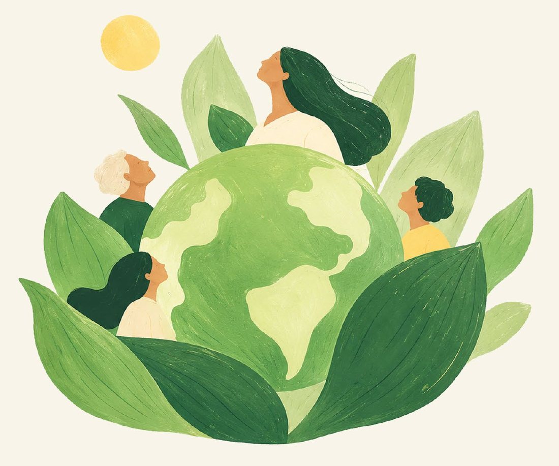 Illustration of people gathered around a green globe among leaves, representing a healthier world